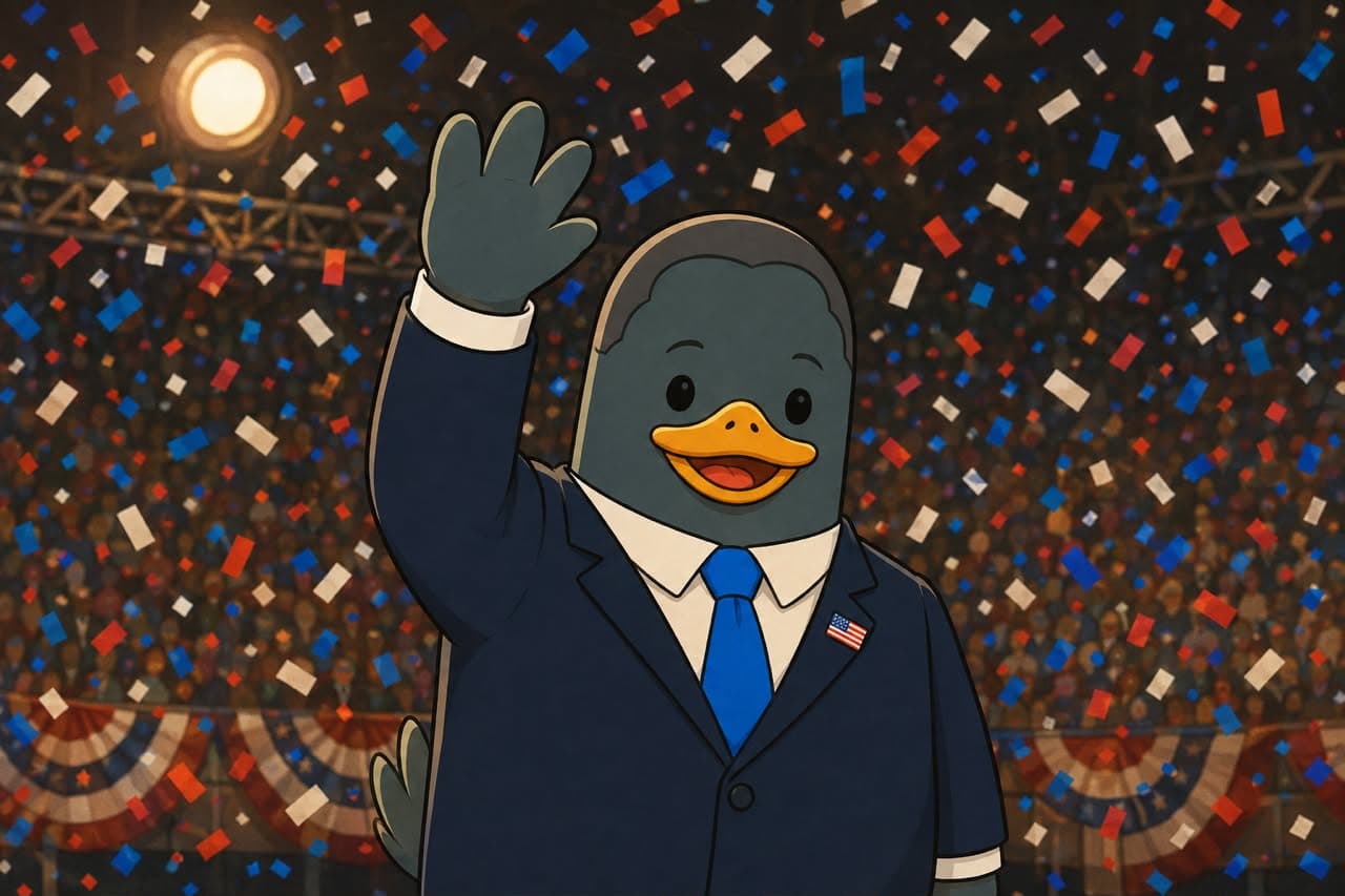 President Duck waving to a cheering, confetti-filled crowd