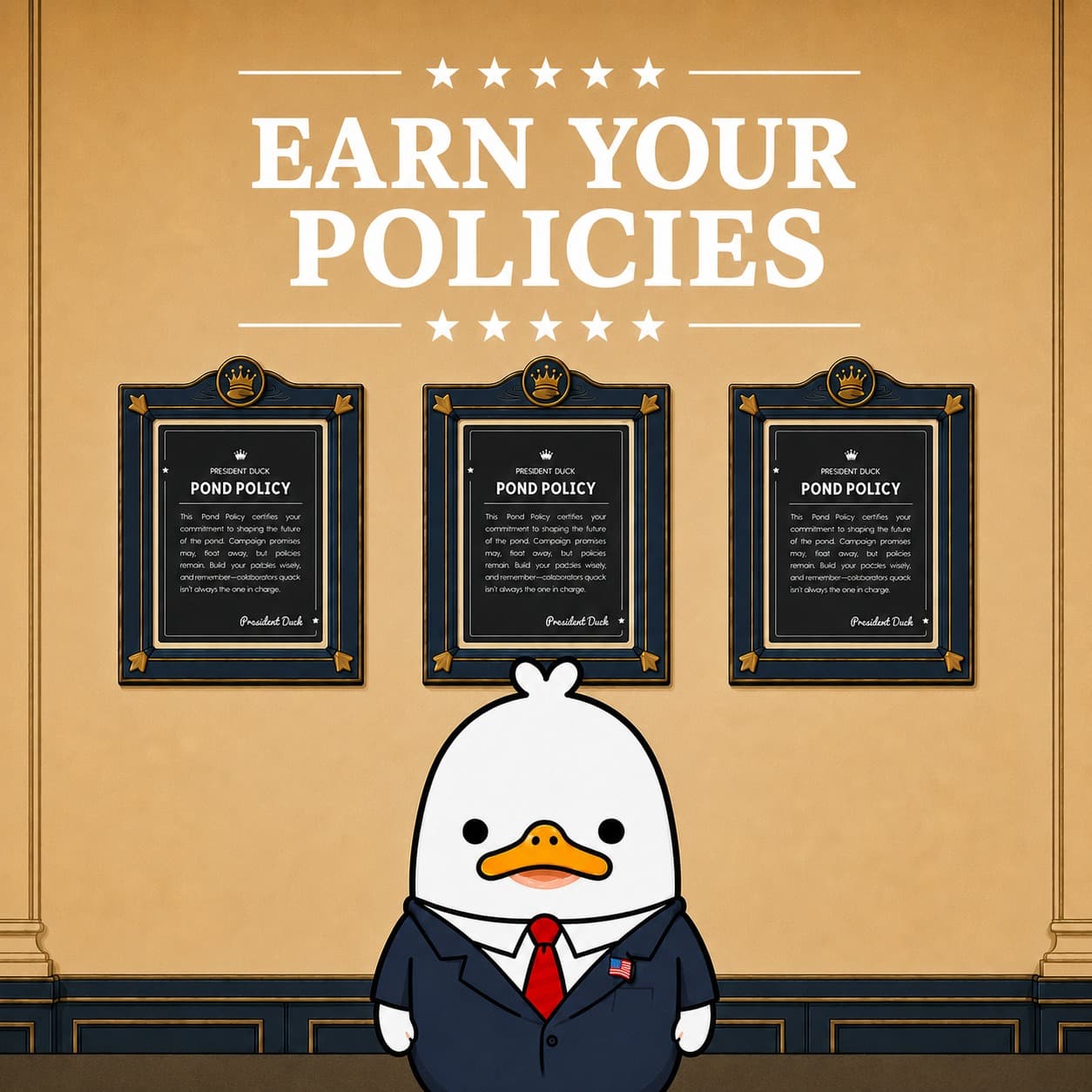 Earn your policies — three framed Pond Policy certificates on a wall