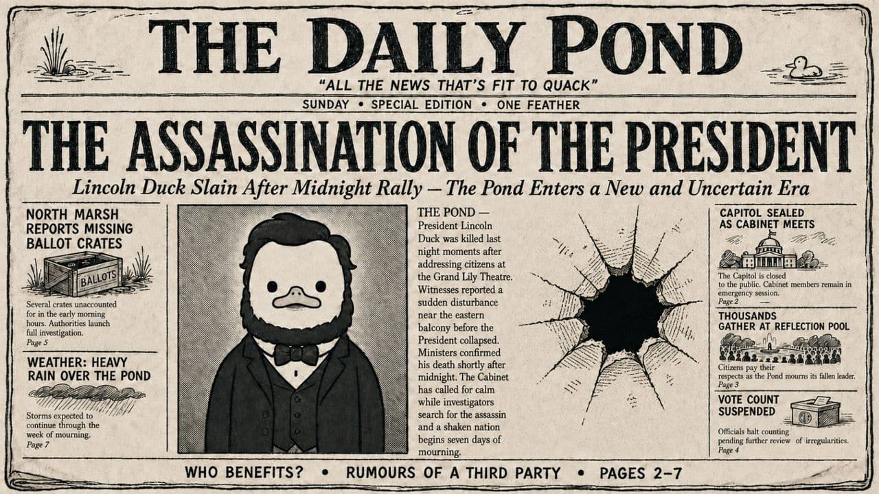 The Daily Pond newspaper front page: The Assassination of the President — Lincoln Duck slain after midnight rally, the Pond enters a new and uncertain era