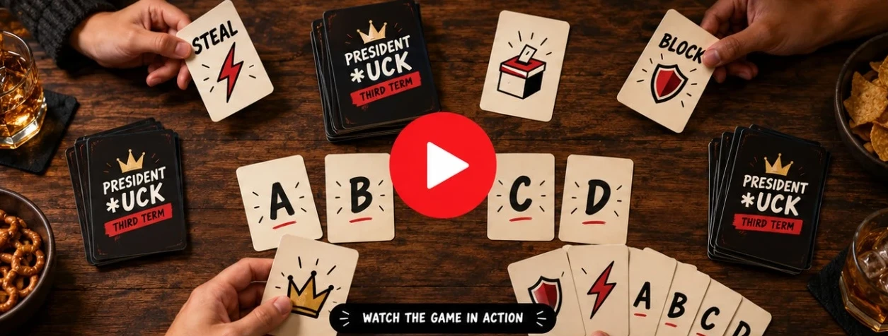 President Third Term cards laid out on a table mid-game: Steal, Block, vote cards A to D and the President card